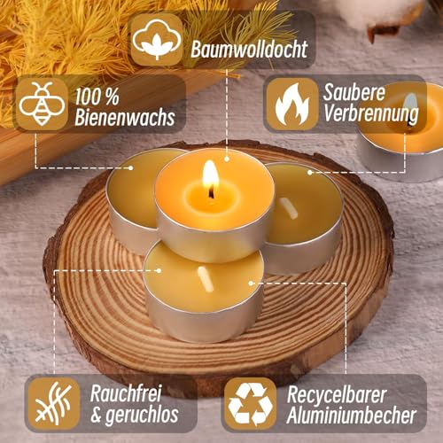 LETINE 50 Pack Bienenwachs Teelichter Kerzen - Reines Bienenwachs Teelicht, Naturbelassene Bio Teelichter ohne Duft - Rauchfrei & Sauber Brennend mit über 4 Stunden Brenndauer