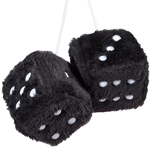 Image of 2.95'' Retro Fuzzy Plush Dice Car Charm Square Rear View Mirror Hanging Ornament Accessories, Black