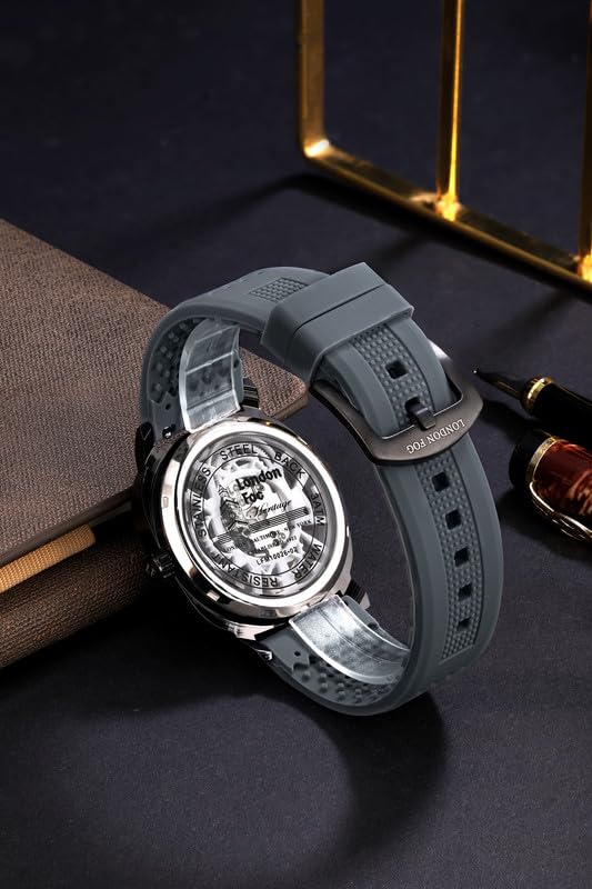 Image of London Fog Strand Collection Skeleton Style Quartz Watch for Men with Cushion Shaped Case, Date Display, Luminous Hands & Baton Hour Markers and Perforated Silicone Strap - LFM10026