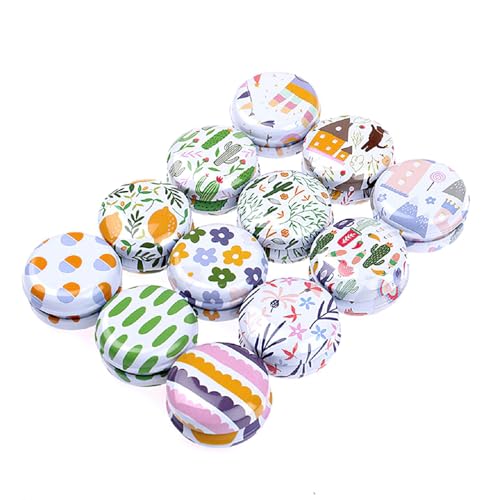 Rarapop 12 Pack Reusable Mini Round Tinplate Candle Tin Jars with Lids 20ml Small Cartoon Travel Tin Cans Refillable Empty Container Bottle for Lip Balm Salve Eye Shadow Powder