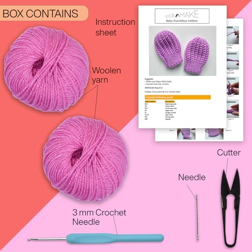 Image of picknMAKE DIY Crochet Set of Baby Thumbless Mittens Kit for Beginners Adult- Includes Purple Pink Wool, 3mm Crochet Hook, Needles, Cutter & Step-by-Step Instructions