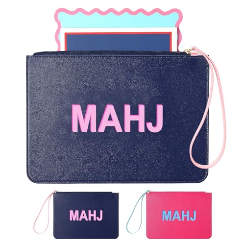 SilTriangle Leather Mahjong Card Clutch Bag Holder Pouch Mahjong Accessories Protector Cover Case with Zipper and Wrist Strap for MAHJ Lover Playing Game Night, 9.5 x 6.6 Inch(Dark Blue)