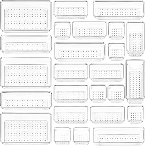 Image of Zollyss 25 Pcs Desk Drawer Organizers Trays Set Clear Plastic Storage Bins Bathroom Drawer Tray Dividers Vanity Trays Organizer for Bedroom Dresser Makeup Kitchen Utensil Office