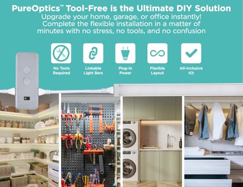 Image of PureOptics LED Under Cabinet Light Kit, Motion Sensor, Dimmable, Linkable, 3 Color Settings, Tool-Free, Utility Light, Closets, Garage, Pantry, (1) 24 inch Bars
