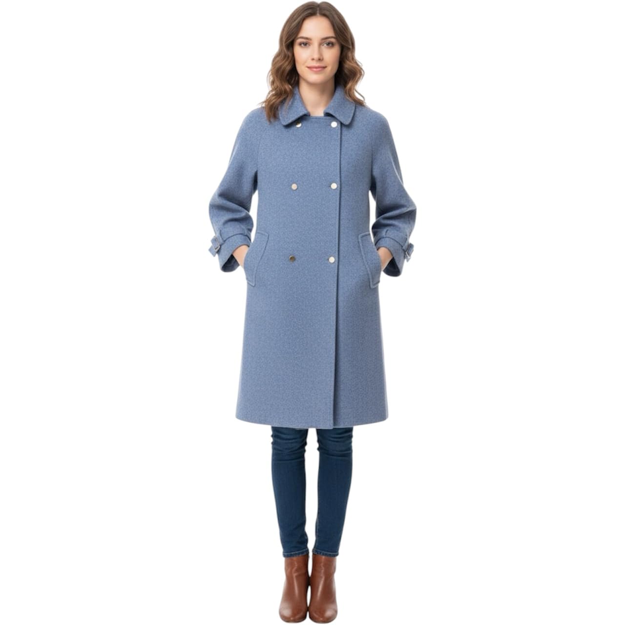 Women's Blue Double Breasted Wool Overcoat, Formal Long Winter Coat, Notch Collar, Size M-picture-36