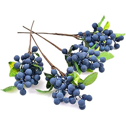 HUIANER 4 Pcs Blue Artificial Berries Artificial Fruits Fake Blueberry Plastic Flowers with Stems for Wedding DIY Bridal Bouquet Home Kitchen Party Decoration Cover