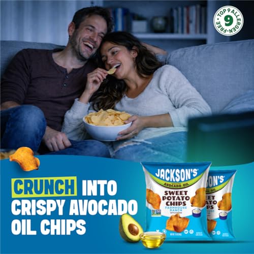 Image of Jackson's Sweet Potato Kettle Chips Avocado Oil Variety Pack (1.5 oz, Pack of 10) Sea Salt, Ranch and BBQ Flavors - Allergen-friendly, Gluten Free, Vegan