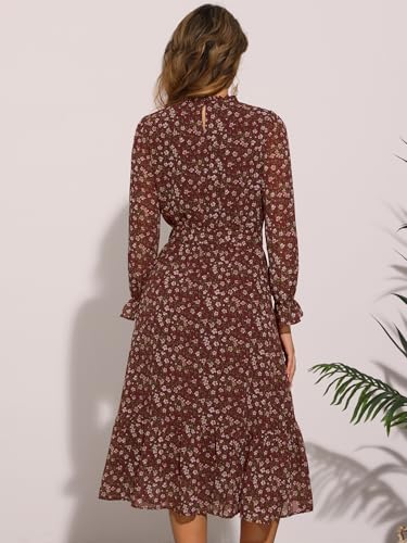 Image of Allegra K Fall Casual Floral Dress for Women 2025 Long Sleeve Crew Neck Chiffon Midi Tea Party Ruffle Dresses