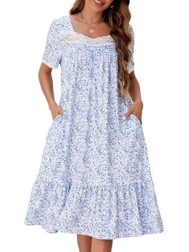 Image of CRIPOM Long Nightgowns for Women Lace Collar Floral Print House Dresses with Pockets S-3XL