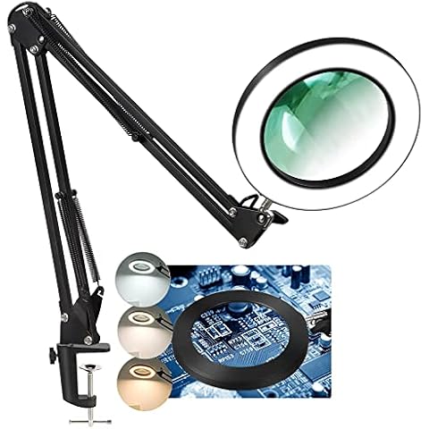 LANCOSC Magnifying Glass with Light and Stand, 5 Inches 10X Real Glass Lens, 3 Color Modes Stepless Dimmable LED Desk Lamp, Adjustable Arm Lighted Magnifier Light for Reading Repair Crafts Close Work Cover