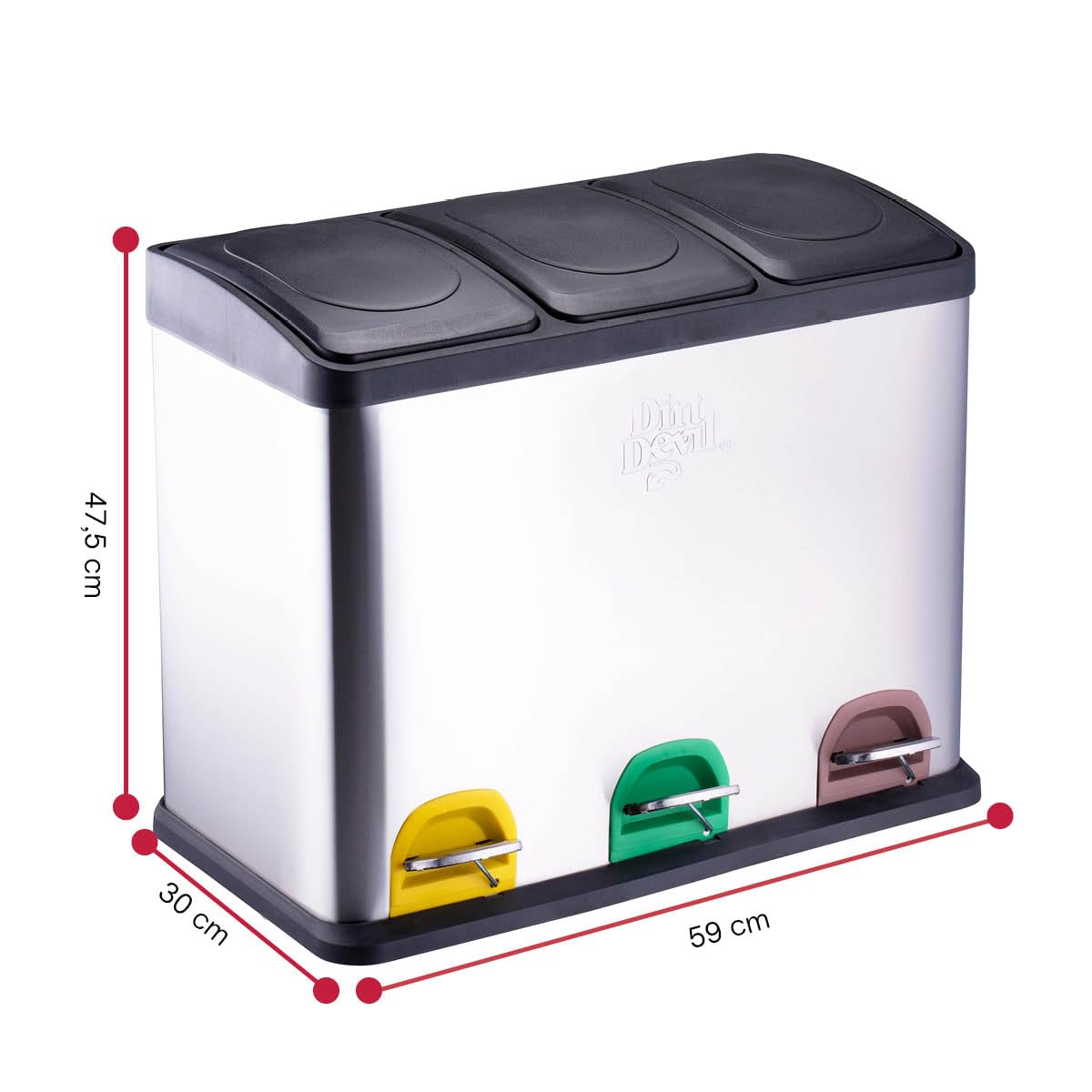 Dirt Devil Tretmülleimer 3 x 15L - Mülltrennsystem mit 3 Fächer - Abfalleimer Küche - Mülleimer mit Soft Close Deckel - 59 x 30 x 47.5 CM - Treteimer aus Edelstahl - Silber