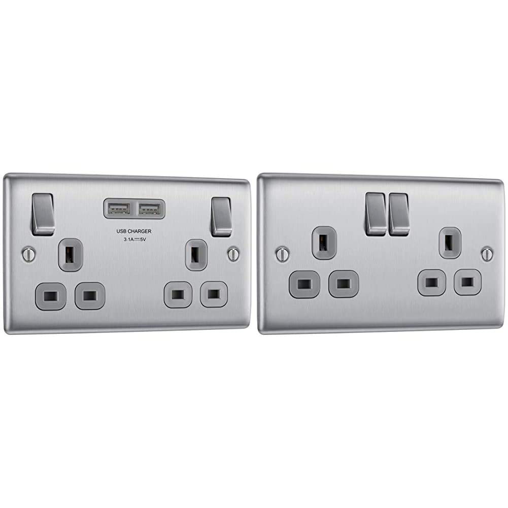BG Electrical Double Switched Fast Charging Power Socket with Two USB Charging Ports, 13 A, Brushed Steel with Grey Inserts & Electrical Double Switched Power Socket, Brushed Steel, 13 Amp