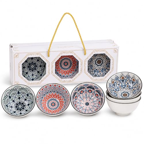 Image of Japanese Ceramic Bowl Set of 6 with Gift Box | 300ml Soup Rice Snack Dessert Bowls, Hand Painted Mandala Patterned Bowls | Microwave & Dishwasher Safe Serving Bowls (Mandala Muse)