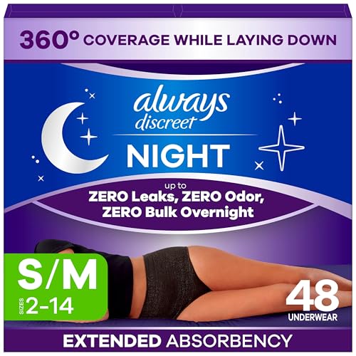 Image of Always Discreet Night, Reimagined Adult Diapers for Women, Extended Overnight Absorbency Incontinence and Postpartum Underwear Size S/M, 360 Degree Coverage While Laying Down, 48 Count​