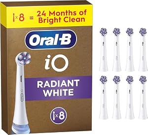 Oral-B iO Original Electric Toothbrush Heads, Radiant White - Pack of 8, Toothbrush Heads with Angled Bristles for Deep Plaque Removal & Polishing Petals for Teeth Whitening, for Oral B iO Series