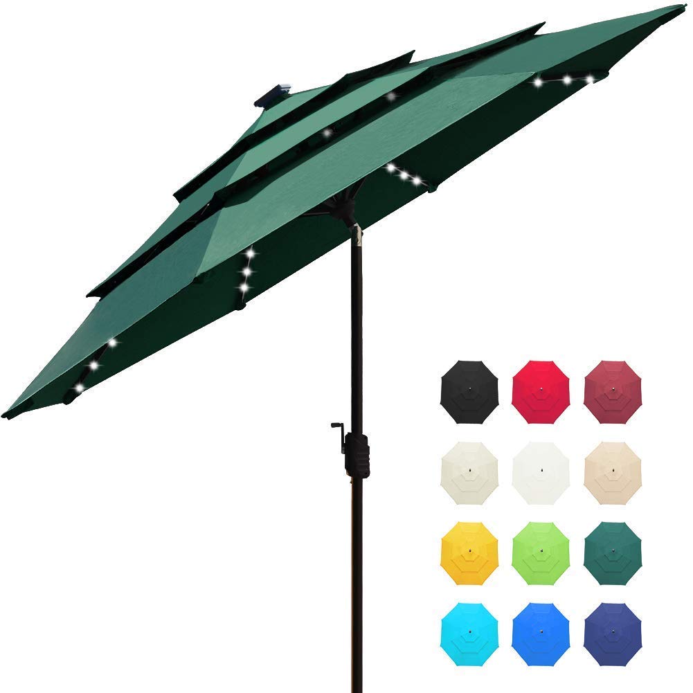 EliteShade USA 10-Year-Non-Fading Solar 9ft 3 Tiers Market Umbrella with 80 LED Lights Patio Umbrellas Outdoor Table with Ventilation,Forest Green