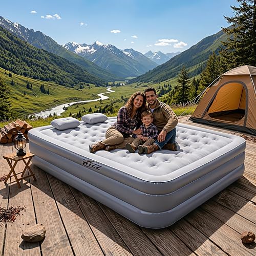 Image of Inflatable Air Bed for Camping & Travel, Queen Size 18 Inch Double Height Air Mattress for Home & Guest Use with Electric Pump & Pillows