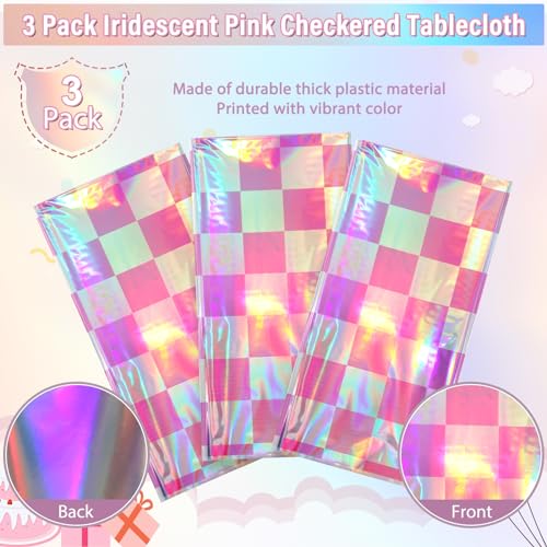 Image of 3 Pack Pink and Iridescent Checkered Plastic Tablecloth, Shiny Disposable Laser Rectangle Table Covers, Holographic Foil Tablecloth Iridescent Party Decorations for Picnic Camping Outdoor, 54x108Inch