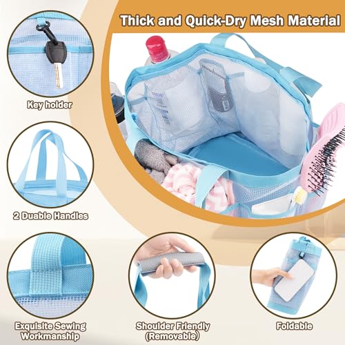 PARIERIS Mesh Shower Caddy Portable for College Dorm Room Essentials with 8 Pockets, Hanging Caddy Dorm Basket, Quick Dry Shower Bag for Bathroom (LightBlue, 1Pack) — view 3