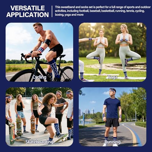 Image of 10 Pieces Striped Sweatbands and Striped Socks Set Headbands Wrist Sweat Bands for Men and Women Sports 80s 90s Fitness