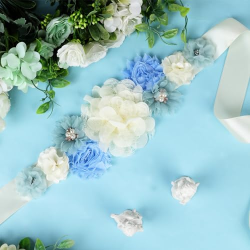 Image of Blue Ivory Boho Baby Shower Maternity Sash - Dusty Blue Flower Theme Baby Shower Belly Belt, Mom to Be Photo Props Party Decorations