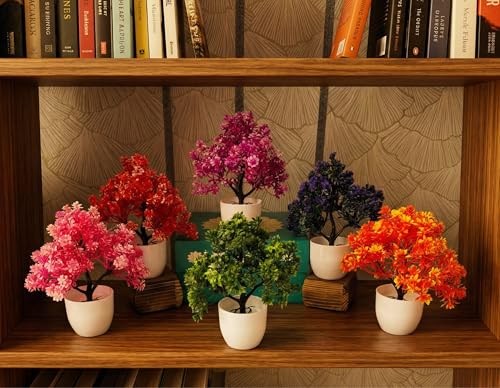 Image of Dekorly Artificial Flower Plants Set of 6 with Pots | Vibrant Color Faux Flower Bonsai for Home Office Table Desk Shelf Decoration (Height : 18CM, Round Pot, Multi-B)