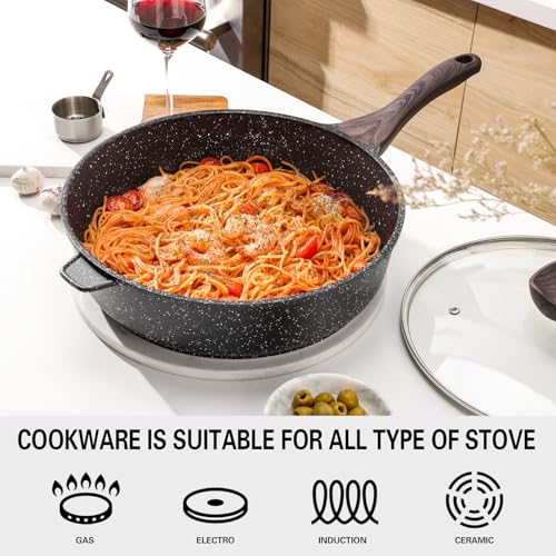 Image of Kordisen Nonstick Deep Frying Pan with Lid, 12 Inch Large Skillet, 5 Qt Non Stick Saute Pan for Cooking, Healthy Induction Cookware, PFOA Free | Large Skillet, 5 Qt, Saute Pan, Healthy Coating, Induction, PFOA Free