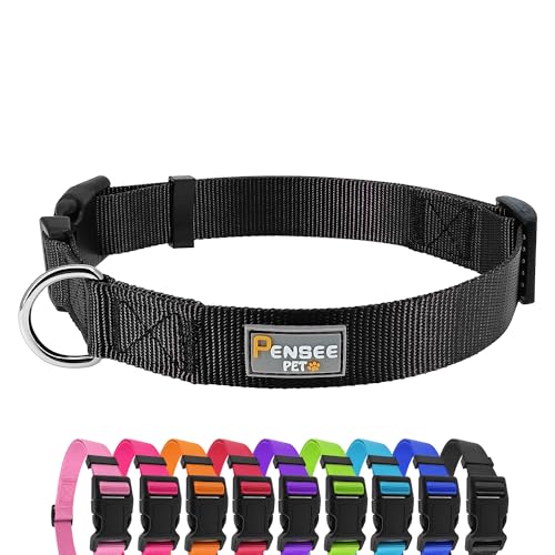 PENSEEPET Dog Collar Black Basic Adjustable Dog Collars with Breathable Quick Release Nylon Pet Collar for Puppy Small Medium Large Dogs Boy