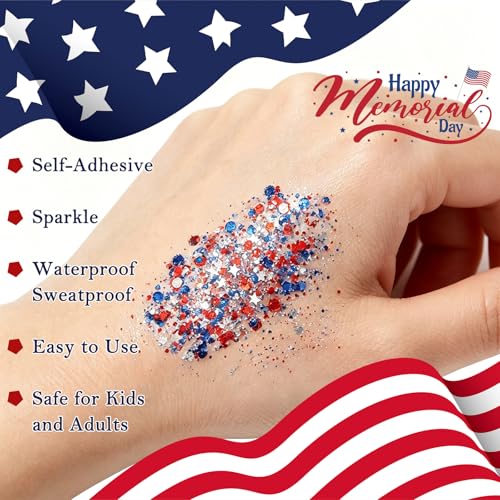 Patriotic 4th of July Body Glitter Stick,Sparkle Red White and Blue Hair Face Glitter for Independence Day 250 Anniversary Party,4th of July Outfits and Decorations for Women Kids, Memorial Day — view 4