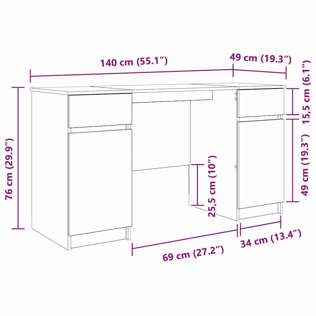 Scrivania bianca con cassetti in legno opaco, 140 x 49 x 76 cm, scrivania da ufficio, scrivania per computer, segretario, postazione di lavoro, casa, studio, spazio di archiviazione