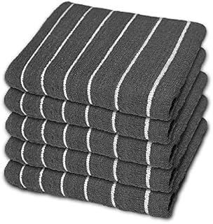 SPINGTON Luxury Stripe Designed Heavy Duty Kitchen Tea Towels - Large Size 65 x 41 cm, 100% Pure Cotton, Super Absorbent and Durable - Lint Free Dish Towels (Pack of 5) GREY