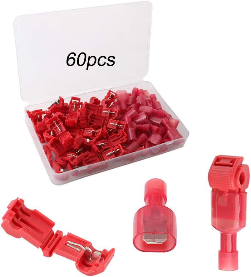 60Pcs (30 Pairs) Premium T-Tap Wire Terminals Kit, T-Tap Self-Stripping Wire Connectors with Nylon Fully Insulated Male Quick Disconnect (Red)