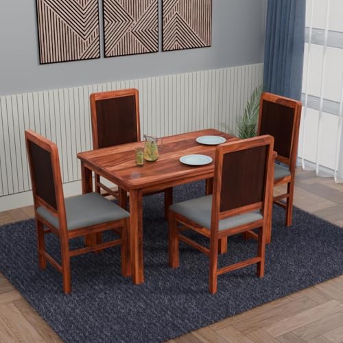 Image of VK Furniture Solid Wood 4 Seater Dining Table Set for Home | Sheesham Wood Dining Table with High Back Designer Cushioned Chairs | Four Seater Dinning Table with 4 Chairs for Home | Natural Finish