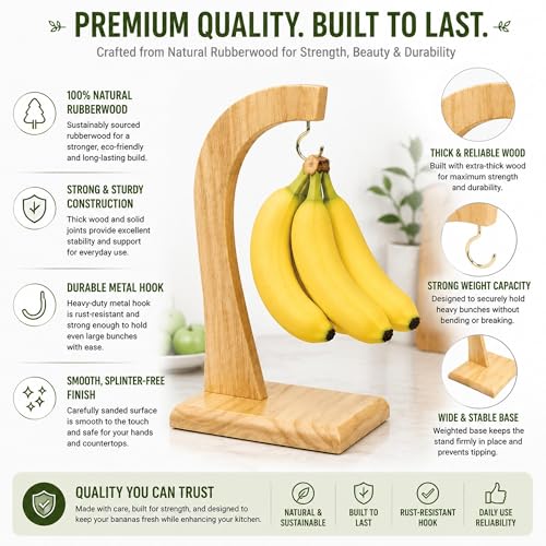 GLOW Wholesale Cintre à bananes en bois de qualité supérieure - Support à fruits en hévéa naturel pour comptoirs de cuisine, garde les bananes fraîches plus longtemps, support durable et respectueux – vue 3