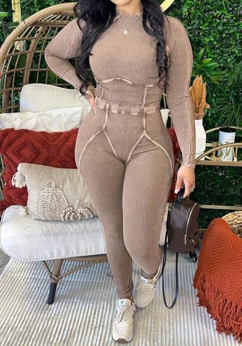 Ecirod Workout 2 Piece Sets for Women Ribbed Crewneck Long Sleeve Crop Tops High Wasited Tummy Control Leggings Set2