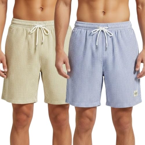 Image of SMOWKLY Men's Cotton Striped Boxer Short|Elastic Waist Drawstring Home Wear