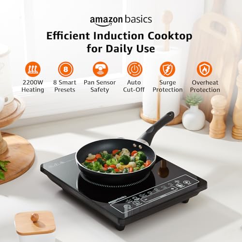 Image of Amazon Basics 2200W Induction Cooktop | 8 Pre-Set Cooking Menus | LED Digital Display | Touch Panel I Energy Efficient, Auto Cut-off, 25A IGBT & 4KV Surge Protection I Smart Pan Sensor I Black