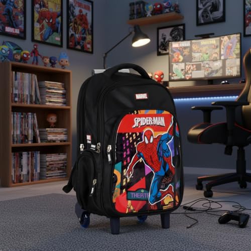 Image of NOVEX Marvel Spiderman Boys Kids School Backpack - 17 Inch | Trolley Bag Convertible Rolling Backpack with Wheels & Adjustable Handle | Spacious School Bags, Lightweight & Durable | Black