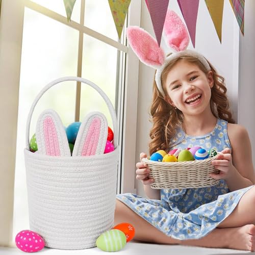 Image of Easter Baskets for Kids Woven Bunny Basket with Handle Egg Hunting Easter Bucket for Boys and Girls