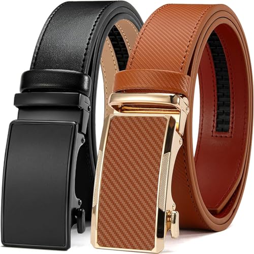 Image of Men's Ratchet Leather Belt Set - 2 Pack Sliding Belt Adjustable For Gift Mens Dress Casual 1 3 /8 inch,Cut for Fit