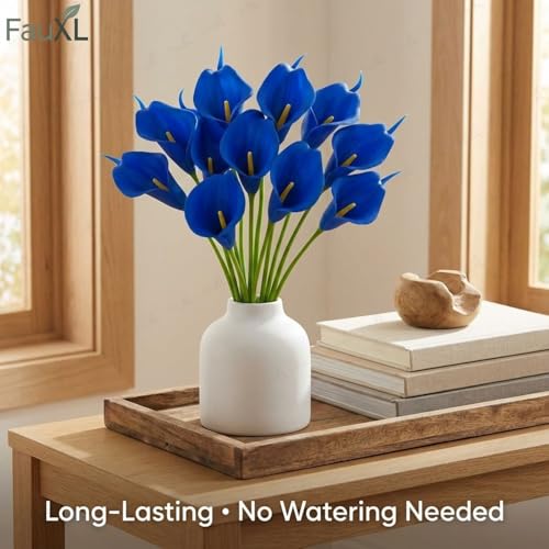 Image of 10 Pcs Artificial Calla Lily Flowers Bunch for Vase and Flower Pots- Premium Real-Look Faux Lily Stems for Home Decor, Living Room, Bedroom, Office Decoration (Vase not Included) (Blue)