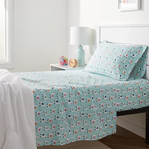 Image of Amazon Basics Kid's Llama Party Soft Easy-Wash 3 Piece Microfiber Sheet Set, Twin, Teal Blue Llamas, Animal Print