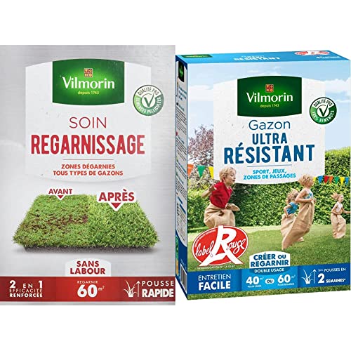 VILMORIN - Soin Regarnissage Universel 2 en 1 - Semences de gazon + Fortifiant naturel - Rénovation facile des gazons abîmés - Levée rapide - 1 Kg & 4462414 Gazon Ultra Résistant, Vert, 1 kg
