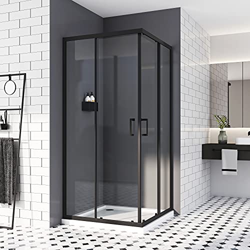 Duschkabine 80x80,Eckeinstieg Schwarz Schiebetür Duschtür Doppel Schiebetür Duschabtrennung 6mm Nano-Beschichtung ESG Glas Höhe 185cm