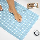 GORILLA GRIP Patented Bath Tub Shower Mat, Machine Washable Bathtub Floor Liner Mats, Suction Cups and Drain Holes to Keep Tubs Clean, Soft on Feet, Bathroom Essentials, 35x16 Inch, Clear Blue