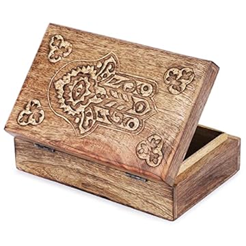 Ajuny Scatola Decorativa in Legno Intagliata a mano con Intagli di Hamsa - Uso Multiuso come Contenitore per Gioielli, Portaoggetti o Scatola per Orologi Ideale come Regalo