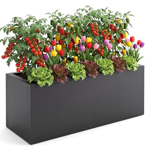 Warmiehomy Raised Beds for Garden Galvanised Steel Trough Planter Outdoor Planter Box with Drainage Holes 70x30x30cm 60L Metal Garden Bed with Safety Edging for Vegetables Flowers Herbs Black