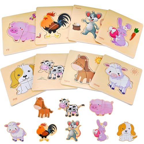 Image of 8pcs Wooden Puzzles for Toddlers 1-2-3-4, Farm Puzzles Ages 1-2-3-4 | Toddler Montessori Educational Jigsaw Toys, Preschool Puzzle Christmas Birthday Gift for Kids Girl Boy 1-4 Year Old
