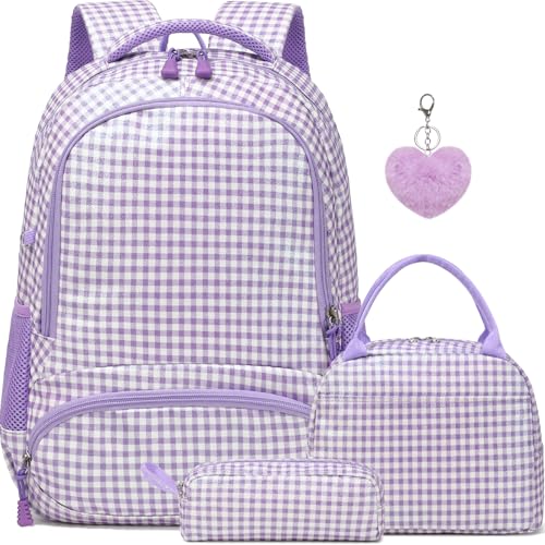 Mochila escolar para meninas, conjunto de 3 peças de mochila com lancheira, estojo de lápis para pré-escola, ensino fundamental, ensino médio, adolescentes, Roxo quadriculado, 11.5' x 5.1' x 15