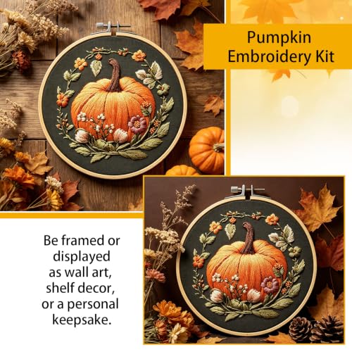 Image of YOUDRN Pumpkin Embroidery Kit for Beginners, Embroidery Kits for Adults | DIY Hand Fall Embroidery Cross Stitch Starter Set with Pattern, Threads, Needles, Instruction, 20cm Hoop